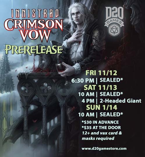 Poster for Innistrad Crimson Vow Prerelease events at D20 Games