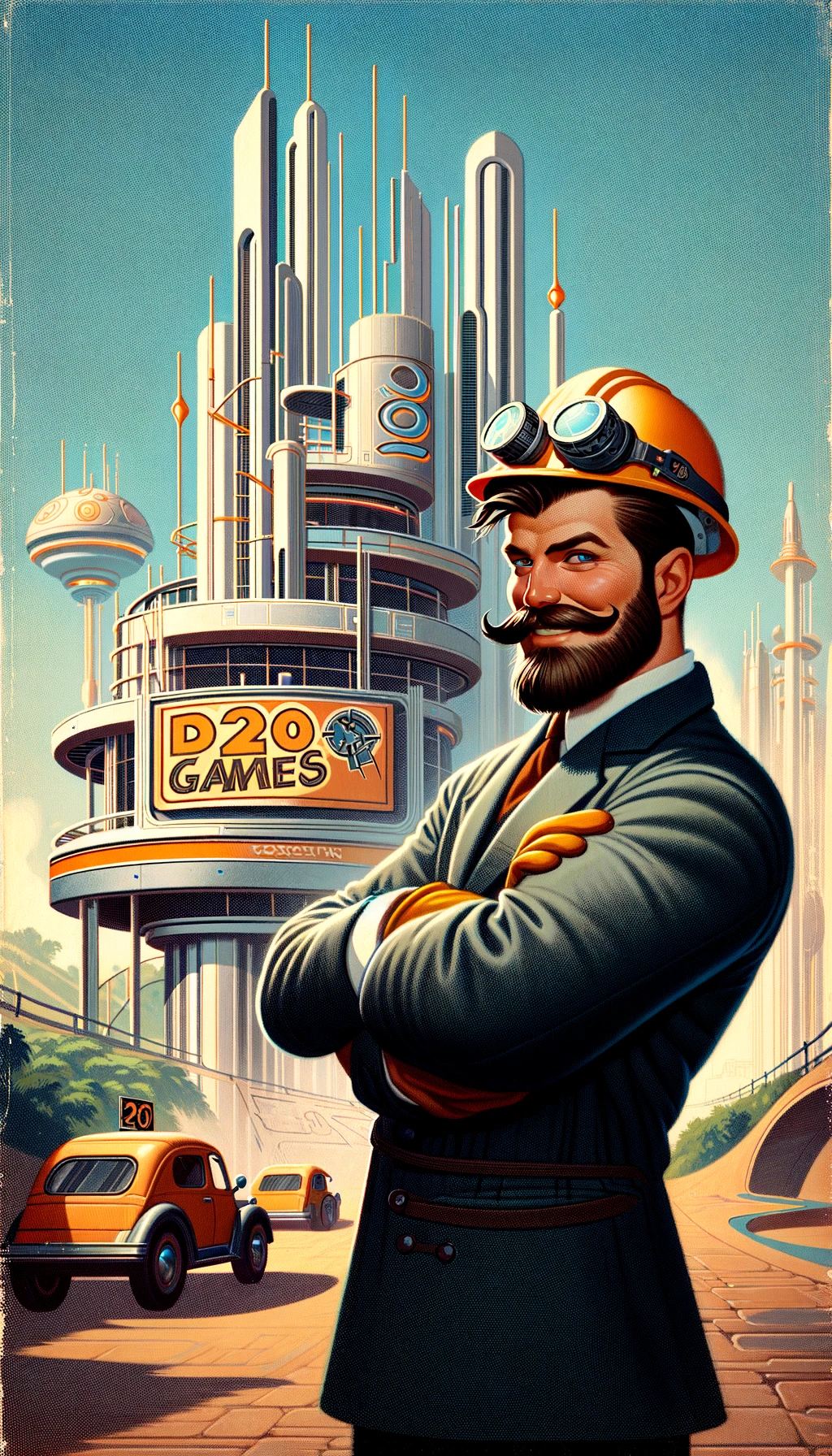 DALL·E 2024-02-09 14.32.12 - Create an image in an old Disney Tomorrowland style, showing an architect with sleeves rolled up and wearing a hard hat i